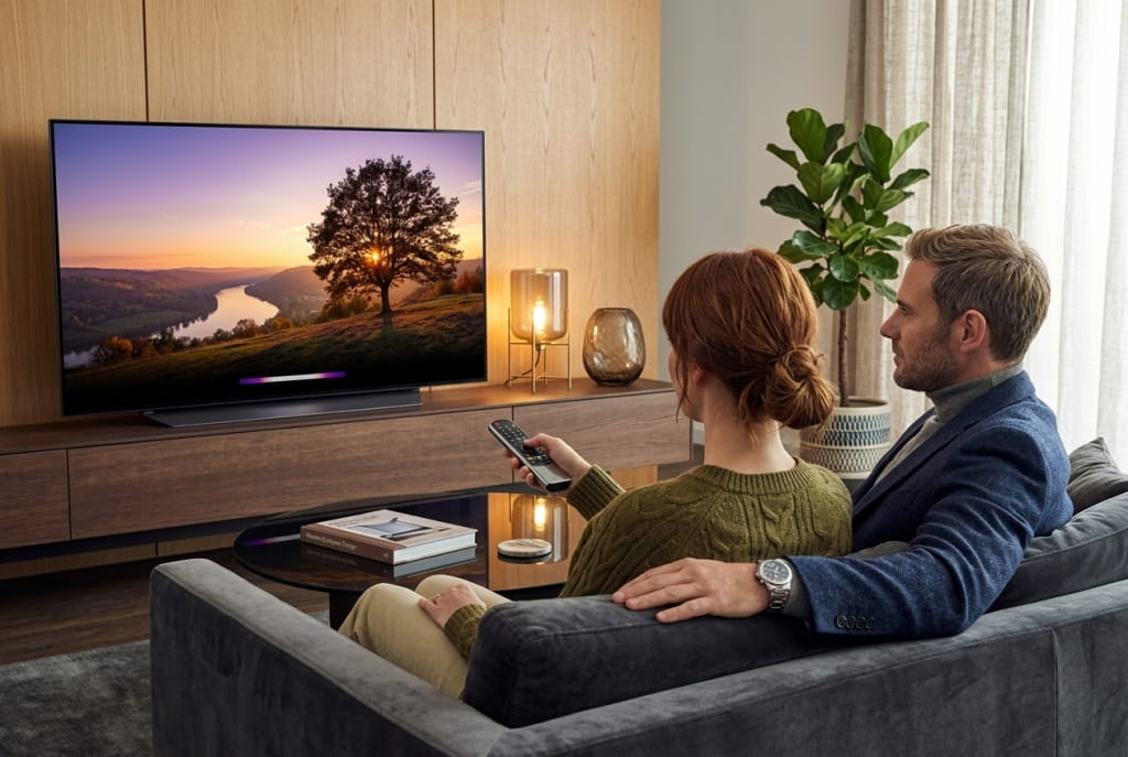 Телевизор отлично впишется в интерьер гостиной