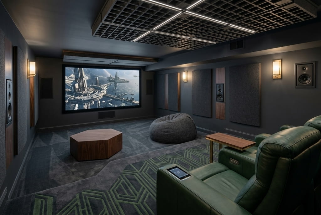 Домашний кинотеатр в бежевых тонах